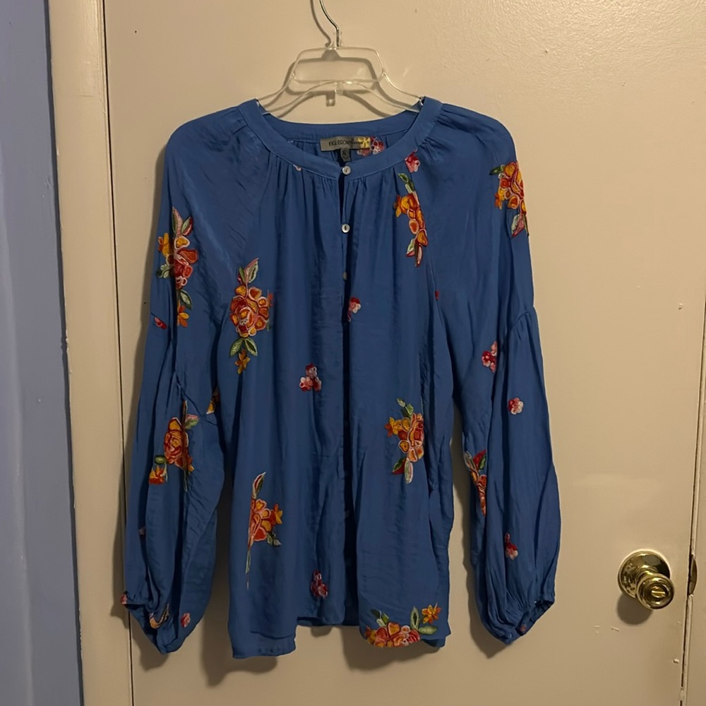 Figueroa and Flower XL Blue, Pink, and Green Floral Button-up Blouse